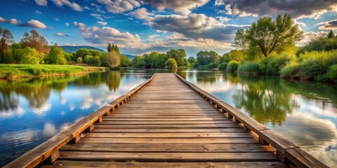 Scenic river view with a wooden bridge in the background, river, view, crossing, bridge, scenic, nature, trees, water