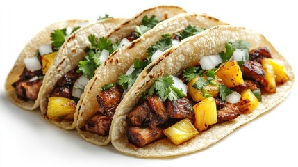 Close-up of Grilled Pork and Pineapple Tacos with Cilantro and Onion