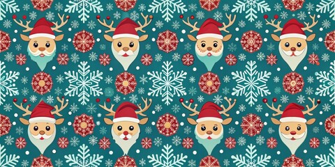 Festive Christmas seamless pattern with Santa, snowflakes, and reindeer, holiday, celebration, winter, seasonal, traditional, cheerful