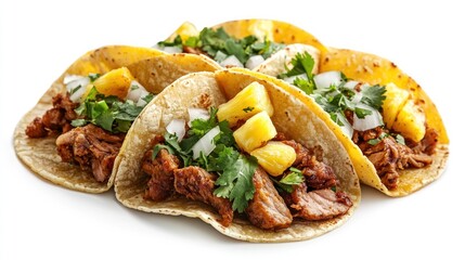 Four Mexican Tacos with Meat, Pineapple, Cilantro, and Onion