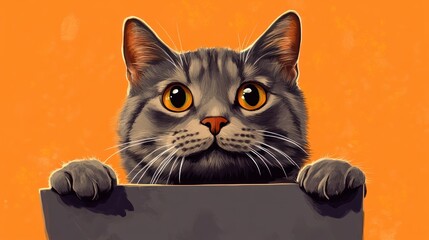 A Grey Tabby Cat Peeking Over a Surface with Big Yellow Eyes