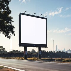 Fototapeta premium large billboard located beside the road This billboard is a simple panel. big white Surrounded by light poles. And there are trees and tall buildings in the background.