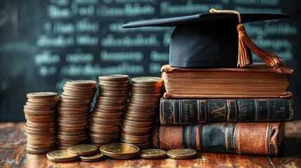 Education Costs Rising: Stack of Coins with Graduation Cap on Old Books