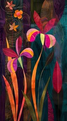 Retro colorful iris flowers plant pattern illustration poster background