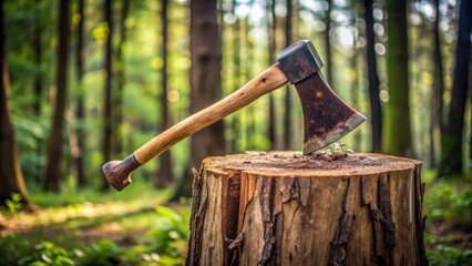 Ax embedded in a thick tree stump , forestry, lumberjack, cutting, woodwork, tool, outdoors, nature, logging