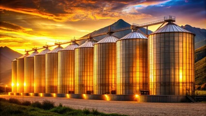 Fototapeta premium Huge silos filled with grain in golden light at foothills of mountain range, grain, silos, golden light