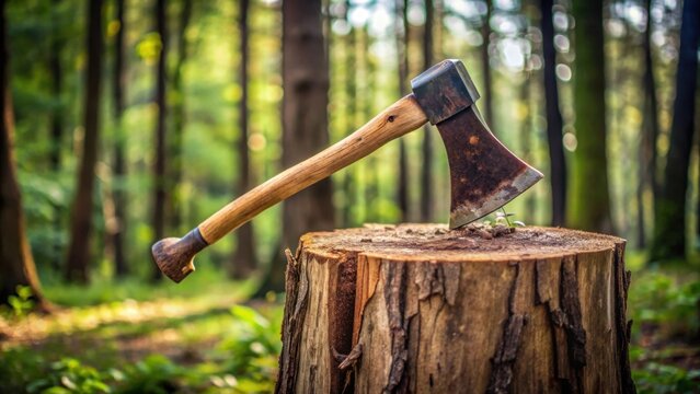 Ax embedded in a thick tree stump , forestry, lumberjack, cutting, woodwork, tool, outdoors, nature, logging