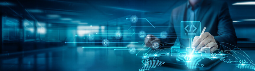 Algorithm. Businessman drawing global structure networking algorithm development graph on office table with tab, analyzing data, strategizing solutions, optimizing processes, and forecasting trends.