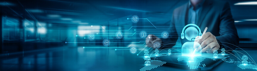 Businessman drawing global structure networking customer support graph to visualize on office table...