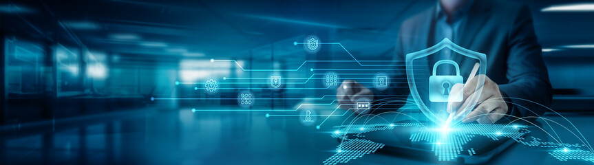 Businessman drawing global structure networking cybersecurity graph to illustrate on office table...