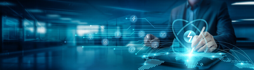 Businessman drawing global structure networking diagram on office table with tab, analyzing data and trends in the energy technology sector,  enhance sustainability renewable resources.