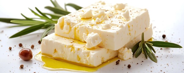 a block of feta cheese with olive oil drizzled, Mediterranean style, crumbly and rich, isolated on white background