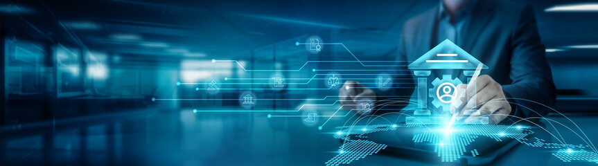 Businessman drawing global structure networking e-governance graph and on office table with tab,...