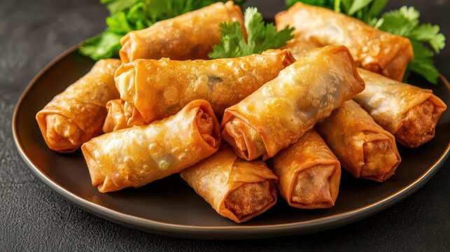 A plate of cha gio fried spring rolls highlighted by focused lighting, cha gio, studio lighting, fried