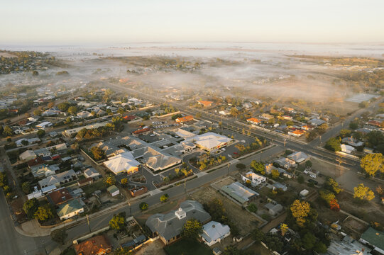 Aerial at sunrise over town of Merredin in the Wheatbelt of Western Australia