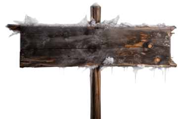 Wooden signpost covered in snow and icicles PNG isolated on white and transparent background - Snowy signpost directional guidepost winter path sign