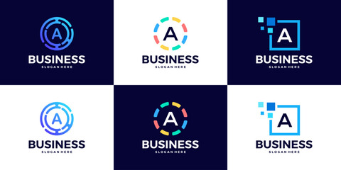 Collection of Technology letter A logo design template. Initials symbol for Business, Start up, Artificial Intelligence.