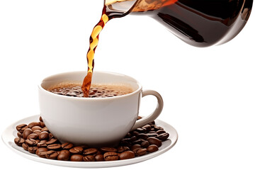 Coffee poured from a Black pot into a Glass mug PNG  with Coffee Beans isolated on white and transparent background - Steaming Hot coffee Freshly brewed coffee shop drinks coffee shop banner