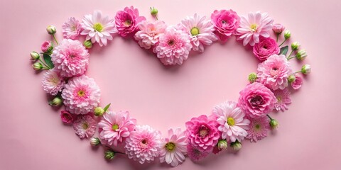 Pink flowers arranged in a heart shape for a romantic background, pink, flowers, heart, romantic, background, flat lay