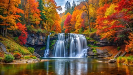 Obraz premium A serene waterfall surrounded by colorful autumn trees in a peaceful forest setting, autumn, waterfall, forest, nature
