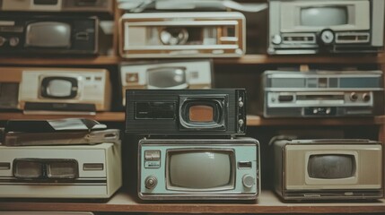 Obraz premium Vintage Televisions on Shelf Retro Tech Collection Old TV Display Antique Electronics Classic Media Devices