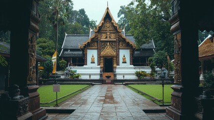 Ancient Thai Temple Architecture with Golden Decorations and Green Gardens