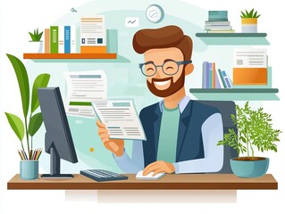 Naklejka premium Employee smiling while checking the bank balance on the computer, modern office, pay day satisfaction, work-life balance