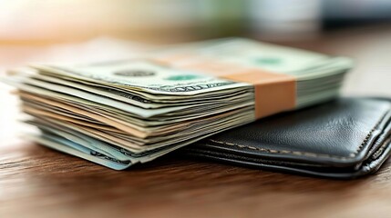 Pile of bills next to a wallet filled with cash, wooden table, pay day financial planning, budgeting relief