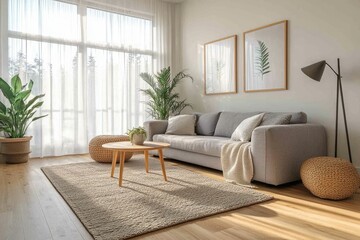 Modern Living Room Interior Design with Gray Sofa and Natural Elements