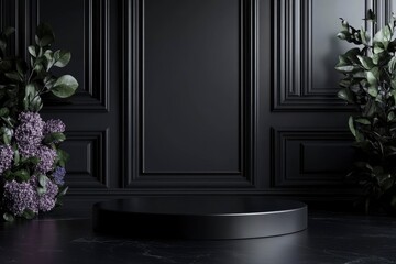 Full black podium pedestal with dark stuff for Black Friday offer presentation in 3D rendering. Elegant platform for promotional marketing discount and online shopping concept with generative ai