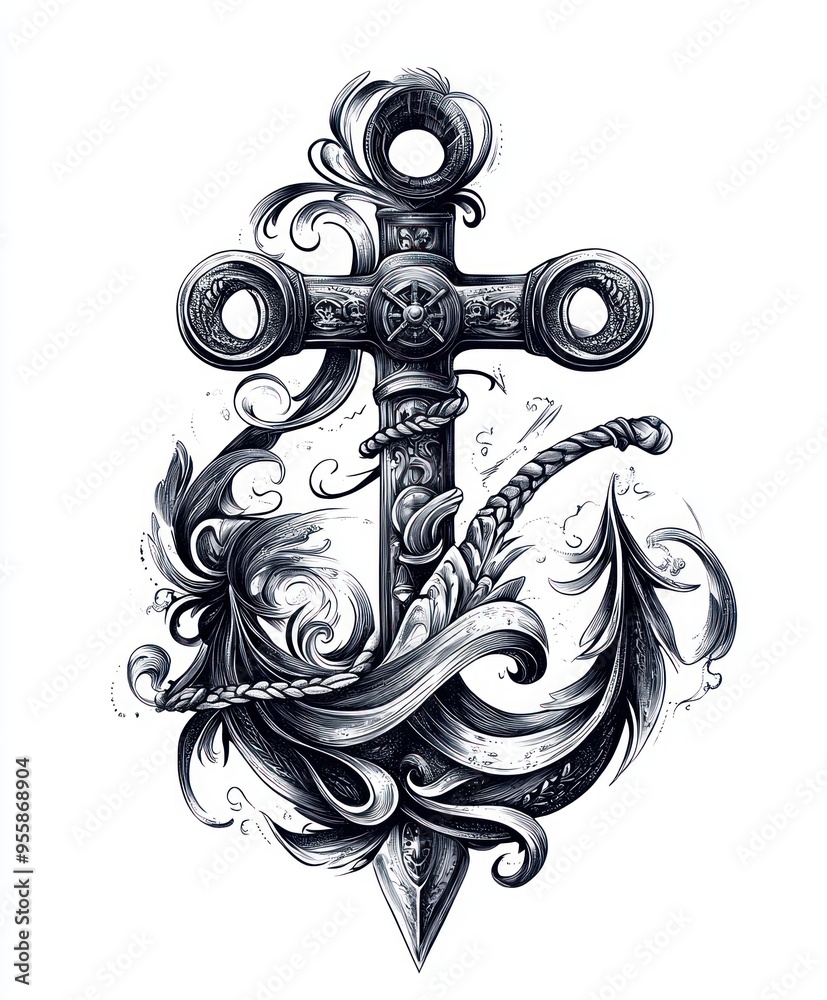 Canvas Prints A decorative anchor design featuring intricate swirls and a sword entwined.