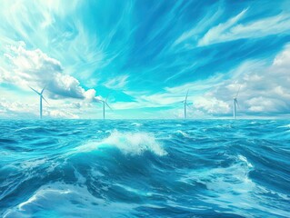 Obraz premium Tidal energy turbines harnessing ocean power captured in a wideangle shot with dynamic waves and vibrant, blue water
