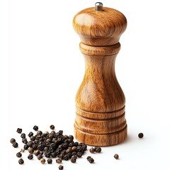 a pepper grinder with black pepper, classic kitchen tool, natural wood finish, isolated on white background