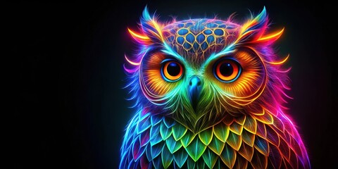 Vibrant and colorful neon owl on a black background, neon, owl,vibrant, colorful, art, nature, bird, animal, bright, glowing