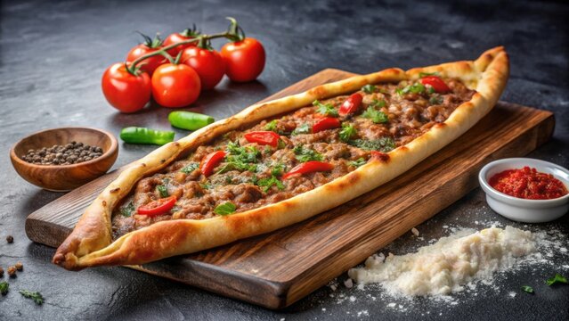 Traditional Turkish pide with ground meat on wooden board in flour covered black floor
