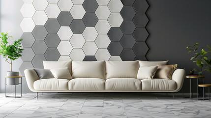 Contemporary living room with a sofa against a wall of hexagonal tiles in contrasting colors. home interior design concept 
