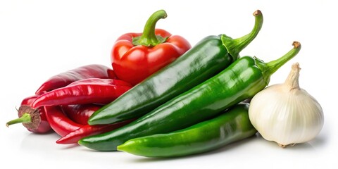 Fresh green jalape?os, dried red chili peppers and a onion on a white background, jalape?os, chiles secos, cebolla