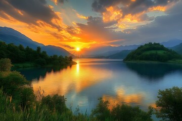 mountains lake in sunset summer