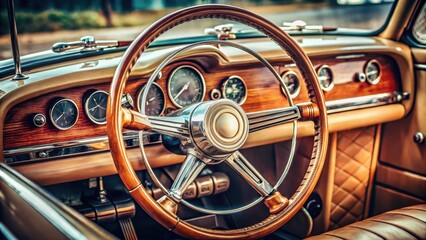 Vintage car dashboard with analog gauges and steering wheel , vintage, classic, automobile, retro