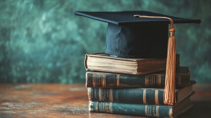 A black graduation cap rests atop a stack of old, leather-bound books, symbolizing the culmination of education, knowledge acquired, and the pursuit of learning. The green background represents growth