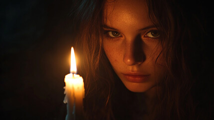 a girl preying and a single candle illuminated her face