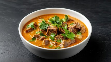 A bowl of Thai massaman curry with lamb, brightly illuminated to enhance the rich colors, massaman curry, studio lighting, lamb