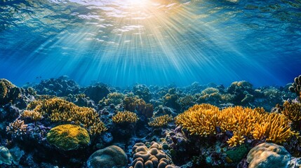 A breathtaking underwater scene showcasing a vibrant coral reef teeming with life. Sunbeams pierce through the crystal-clear water, illuminating the colorful coral formations and highlighting the beau