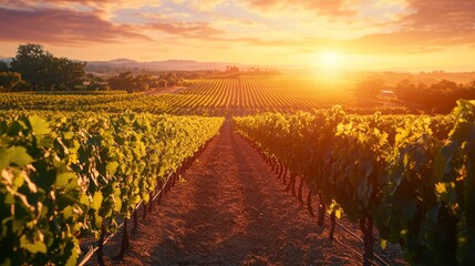 Fototapeta premium A breathtaking sunset paints the sky with vibrant hues of orange and gold, illuminating rows of grapevines in a vineyard. The warm light casts long shadows, creating a picturesque landscape. The imag
