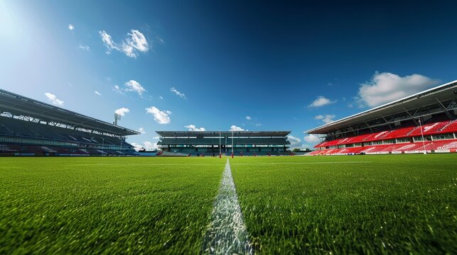 A breathtaking view of a modern rugby stadium, bathed in the warm glow of a clear blue sky. The lush green grass pitch, the towering stands, and the vibrant colors of the stadium create a dynamic and 