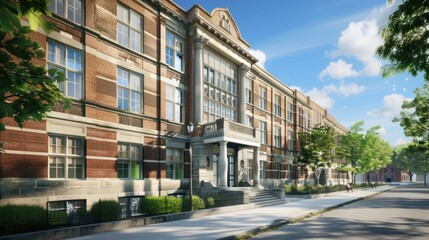 Fototapeta premium A Brick Building With Green Trees and a Sunny Sky
