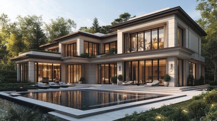 Fototapeta premium Luxurious modern villa with a pool and landscaped surroundings.