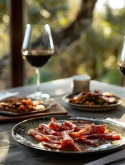 Artisan flatlay of Jamon Iberico with fresh herbs and gourmet spices