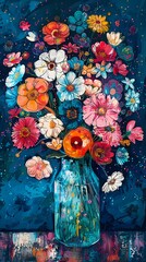 Retro colorful bunch of flowers is sitting in a vase illustration poster background