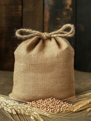 A burlap sack tied with a rope, filled with wheat grains, resting on a bed of wheat stalks, symbolizing harvest, abundance, and the simple pleasures of nature.